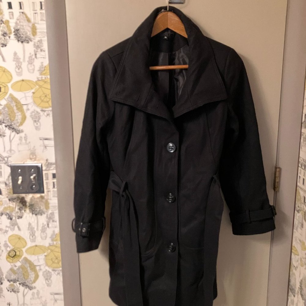 Women's Worthington Black Belted Wool, Lined Coat, Size Large, Mid Length